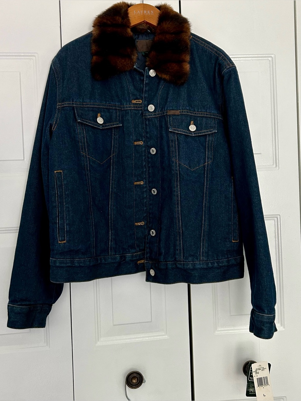 NWT Ralph Lauren Dark Wash Trucker Jean Jacket w Removable Faux Fur Collar, L